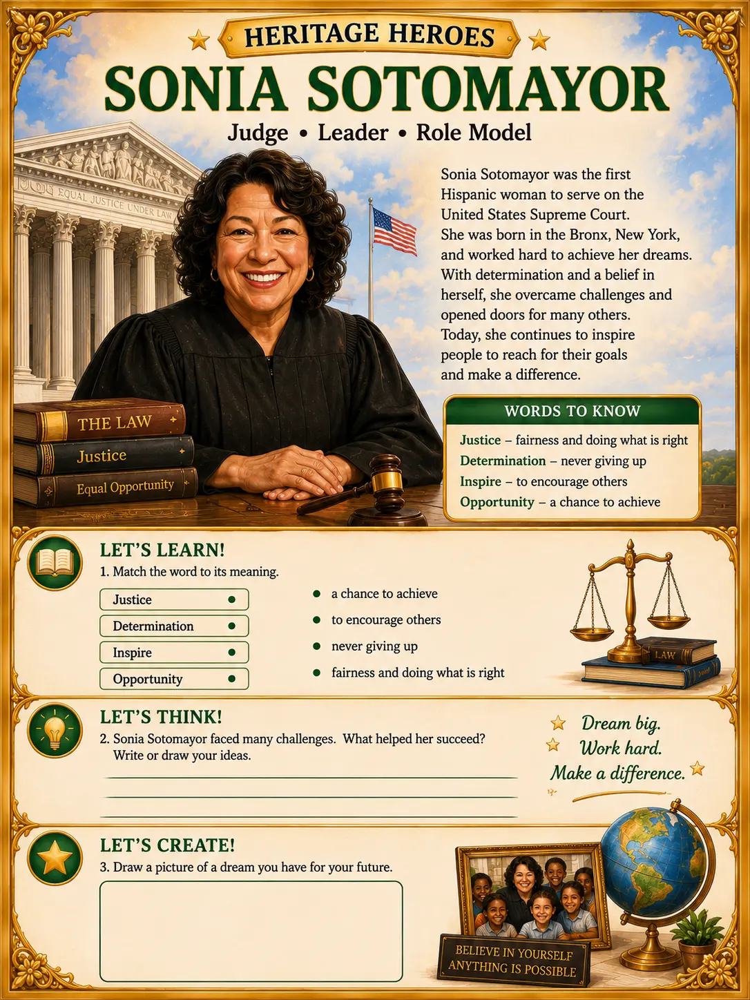 Heritage Heroes worksheet page about Sonia Sotomayor with vocabulary, reflection, and drawing activities.