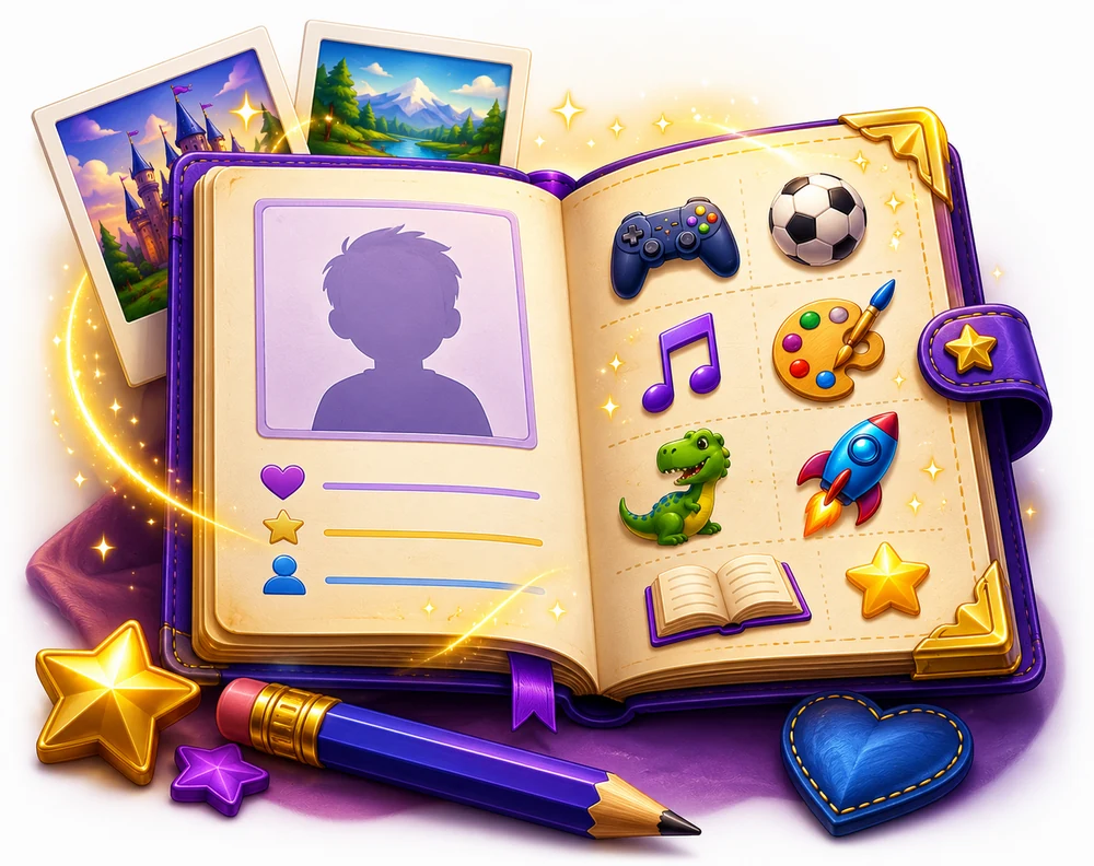 Open child profile journal showing photos, interests, hobbies, and favorite activities.