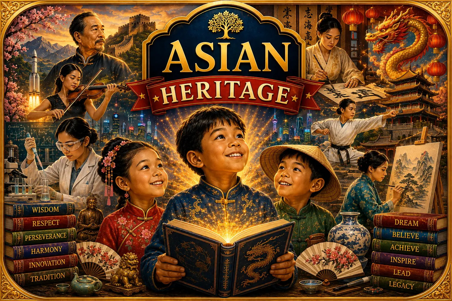 Illustrated Asian Heritage Heroes learning adventure.