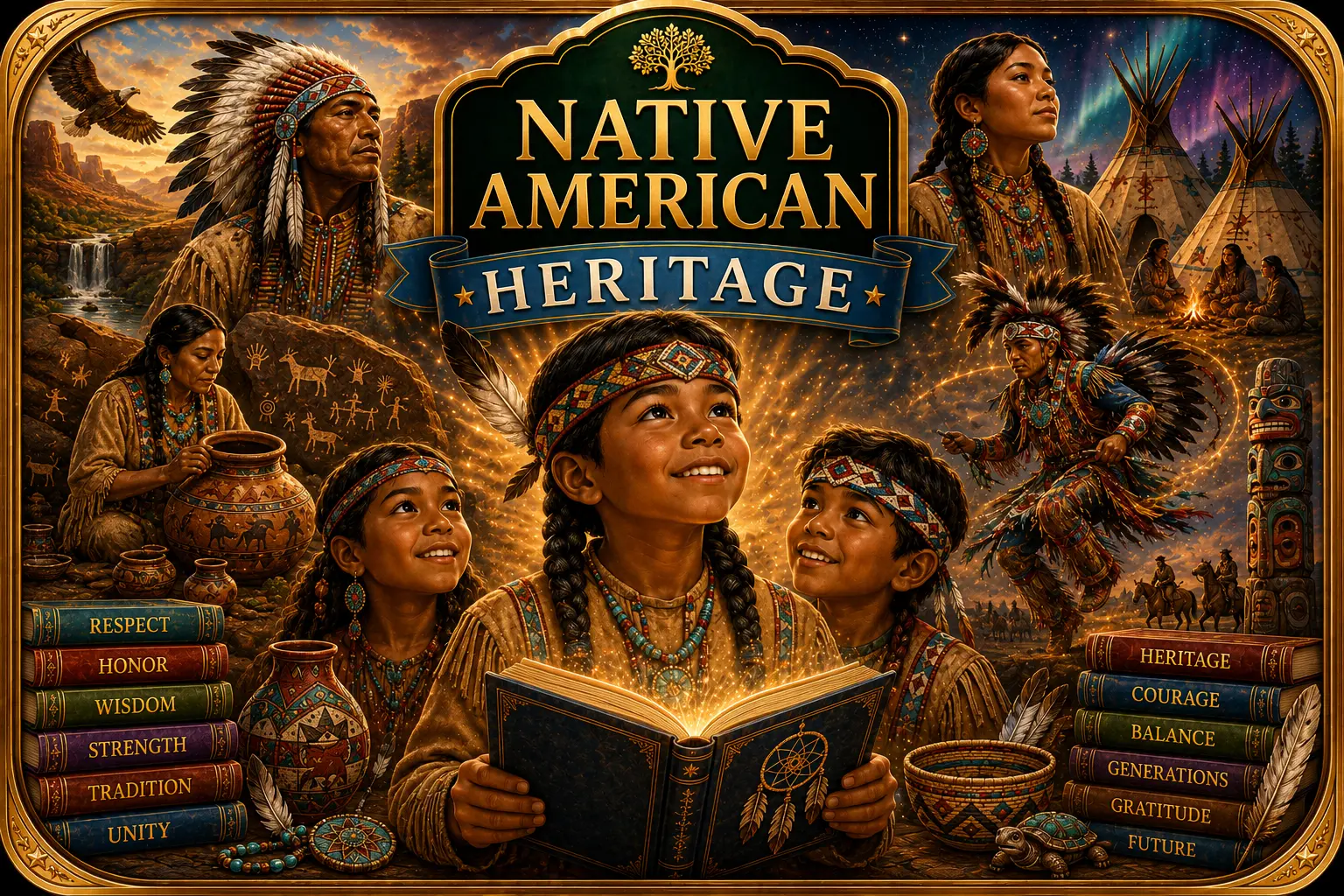 Illustrated Native American Heritage Heroes learning adventure.