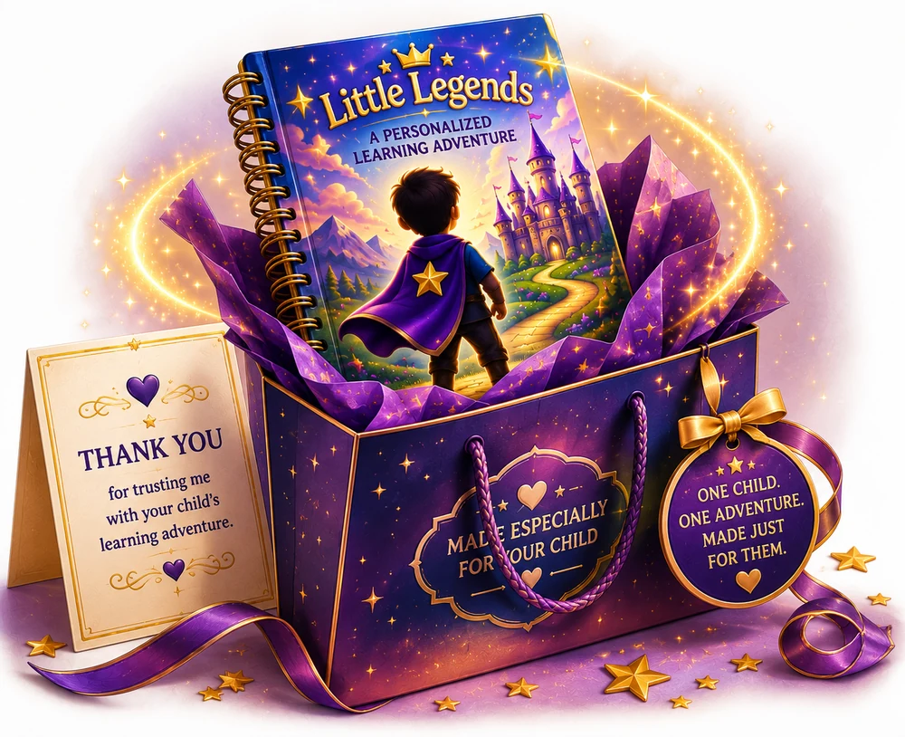 Finished Little Legends spiral workbook presented in a decorative purple and gold bag.