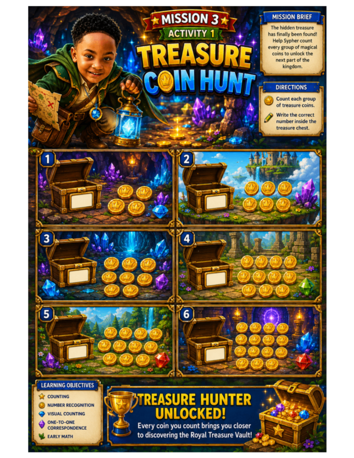 Treasure Coin Hunt interior page from a real Little Legends Learning workbook