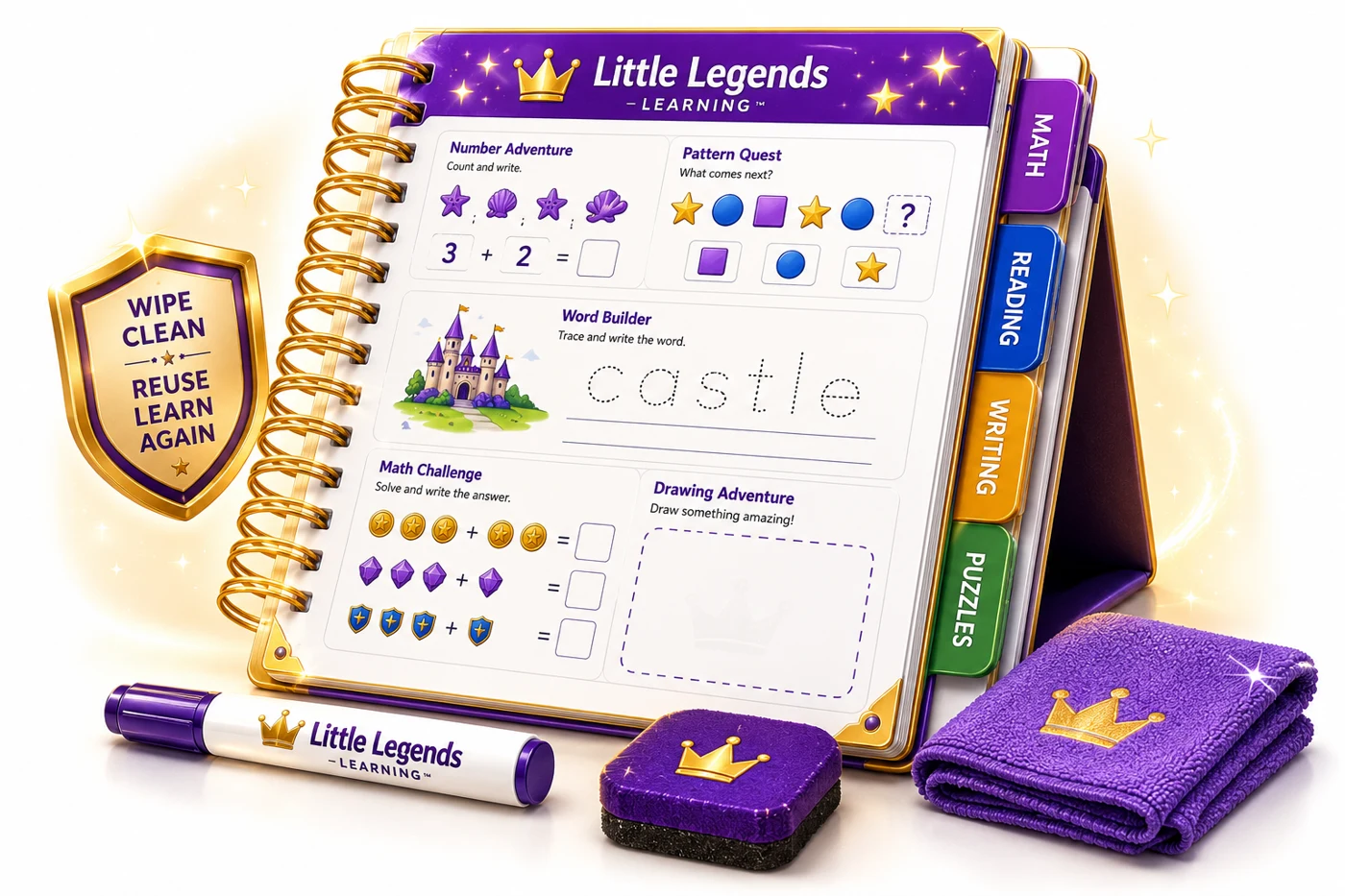 Little Legends reusable dry-erase workbook with marker, eraser, and learning activities.