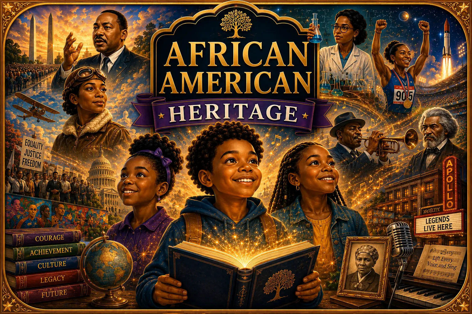 Illustrated African American Heritage Heroes learning adventure.