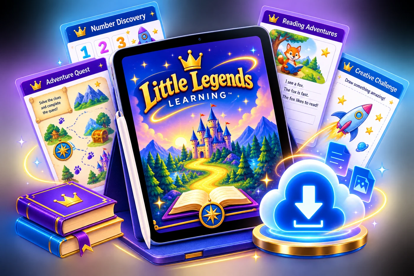 Little Legends digital download workbook displayed on a tablet with downloadable educational pages.