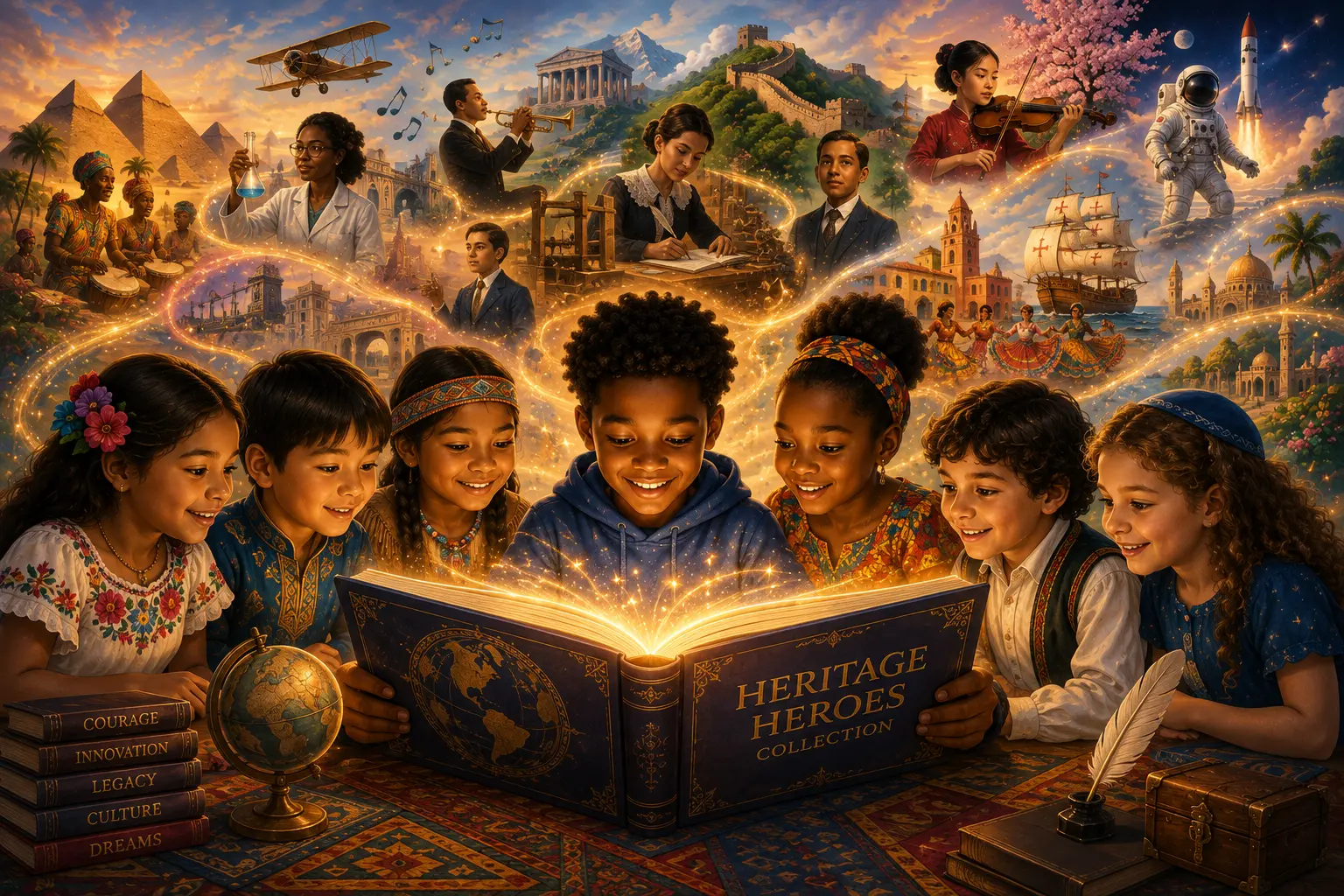 Diverse children discovering inspiring history and cultures through the Little Legends Heritage Heroes Collection.