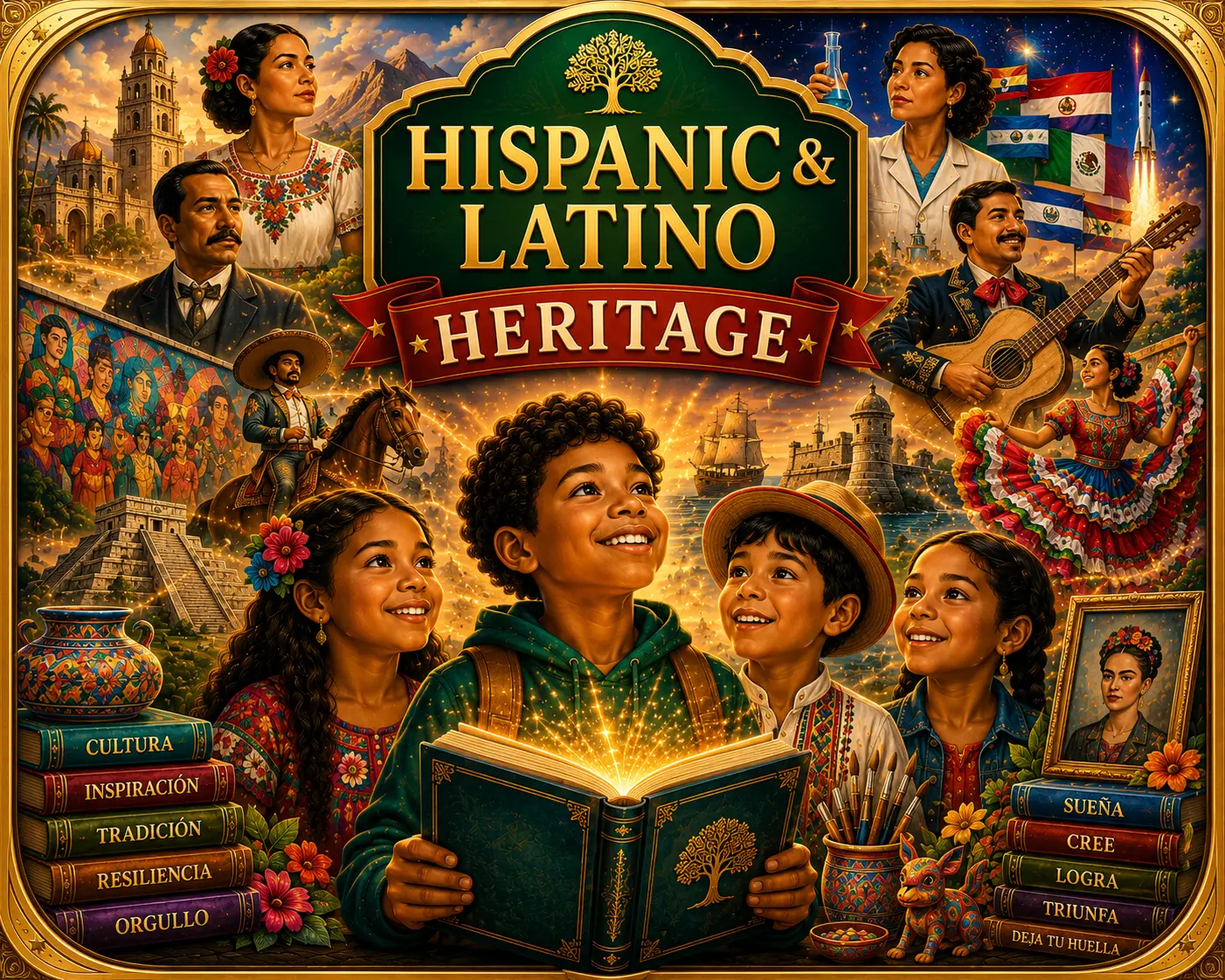 Illustrated Hispanic and Latino Heritage Heroes learning adventure.