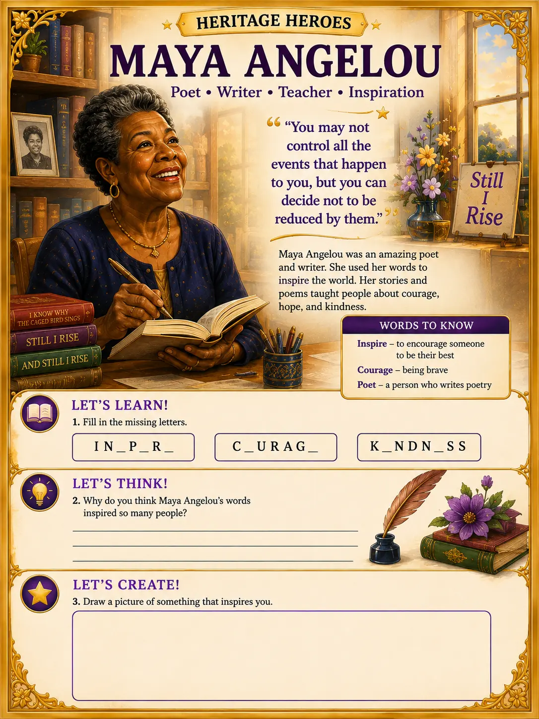 Heritage Heroes worksheet page about Maya Angelou with vocabulary, reflection, and drawing activities.