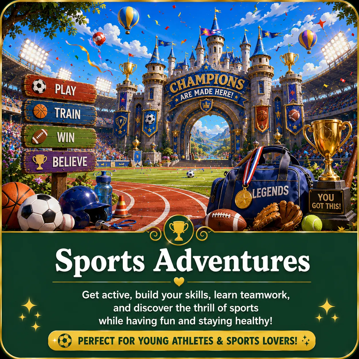 Sports Adventures — personalized Little Legends Learning workbook theme