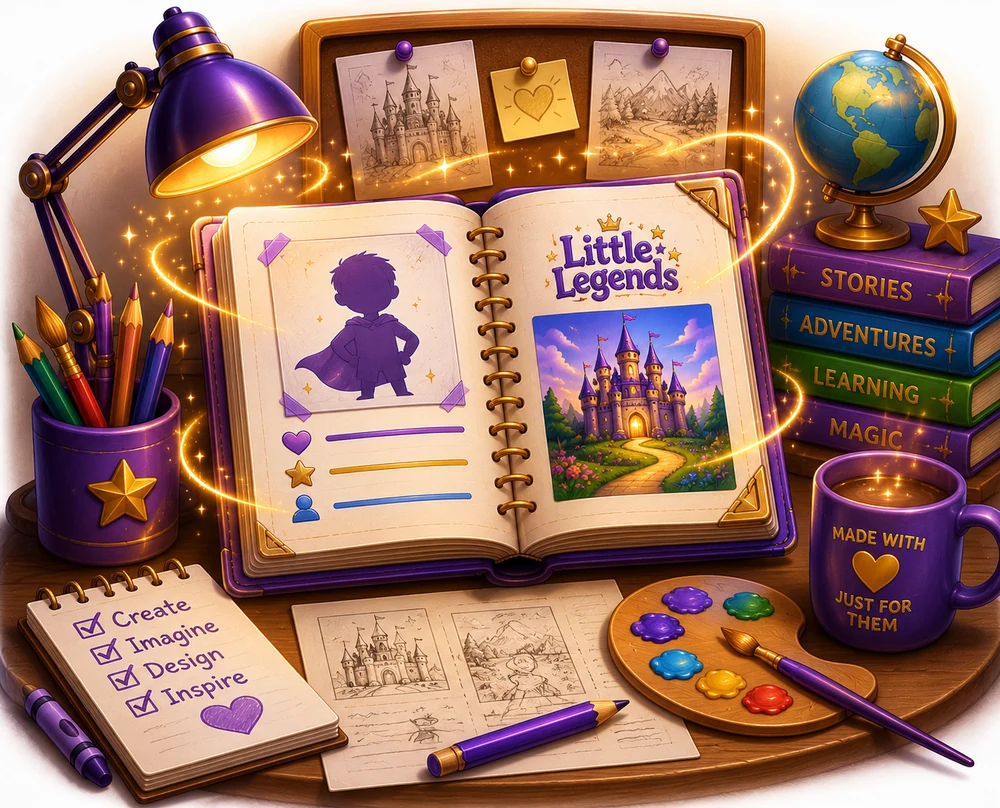 Little Legends creative workspace showing a personalized learning adventure being planned and handcrafted.