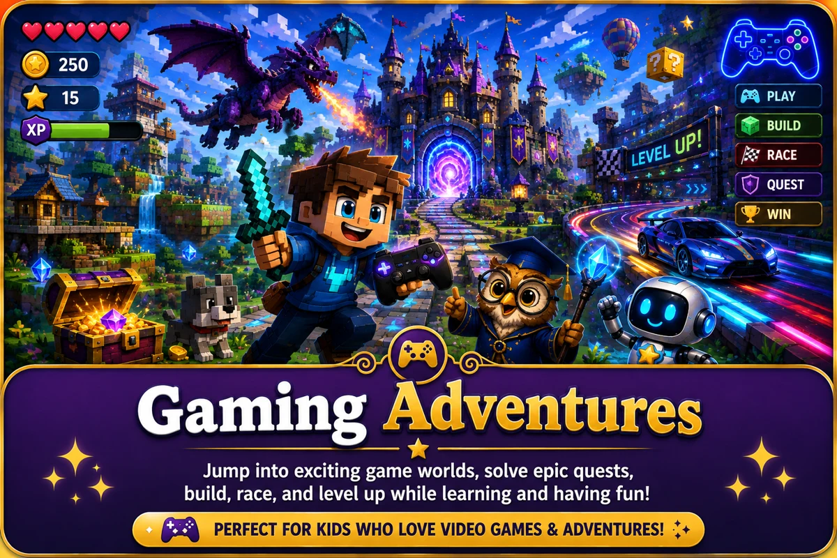 Original gaming-inspired Little Legends learning adventure with quests, building, racing and exploration.