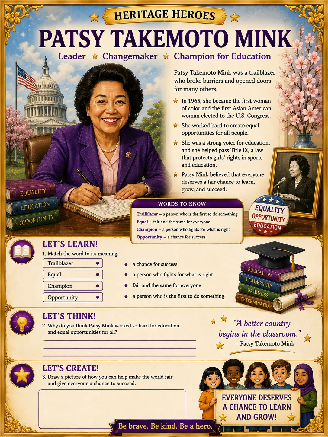 Heritage Heroes worksheet page about Patsy Takemoto Mink with vocabulary, reflection, and drawing activities.
