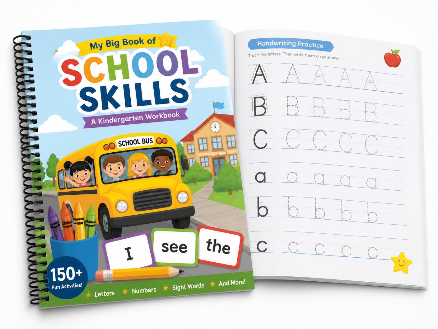 Custom school-skills workbook with a personalized cover and handwriting practice pages.